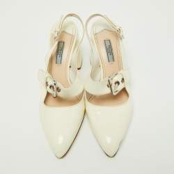 Pre Owned Prada Off White Patent Leather Mary Jane Slingback Block Heel Pumps Size 39