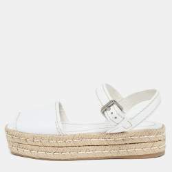 Prada White Leather Espadrille Platform Ankle Strap Sandals Size 38