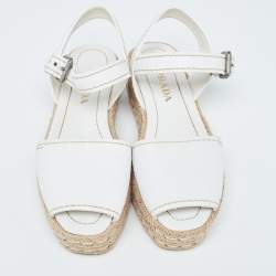 Prada White Leather Espadrille Platform Ankle Strap Sandals Size 38
