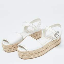 Prada White Leather Espadrille Platform Ankle Strap Sandals Size 38