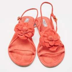Prada Pink Suede Floral Applique Flat Sandals Size 37.5