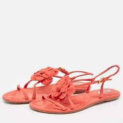 Prada Pink Suede Floral Applique Flat Sandals Size 37.5