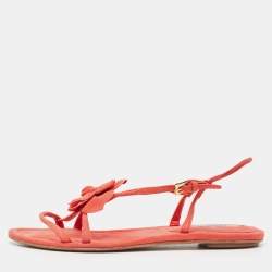 Prada Pink Suede Floral Applique Flat Sandals Size 37.5