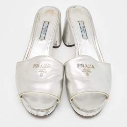 Prada Silver Leather Platform Slide Sandals Size 41 