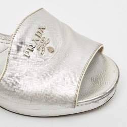 Prada Silver Leather Platform Slide Sandals Size 41 