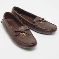 Pre Owned Prada Brown Leather Logo Detail Bow Loafers Size 38.5