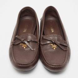 Pre Owned Prada Brown Leather Logo Detail Bow Loafers Size 38.5