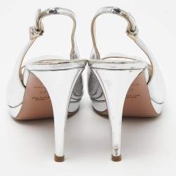 Prada Silver Laminated Leather Peep Toe Slingback Sandals Size 39