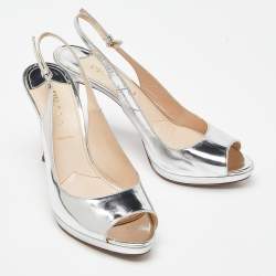 Prada Silver Laminated Leather Peep Toe Slingback Sandals Size 39
