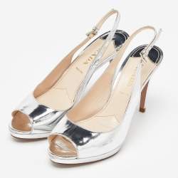 Prada Silver Laminated Leather Peep Toe Slingback Sandals Size 39