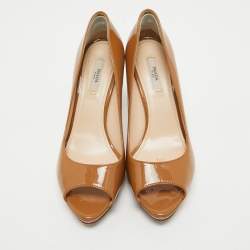 Pre Owned Prada Brown Patent Leather Peep Toe Platform Pumps Size 37.5
