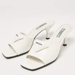 Prada White Leather Logo Slide Sandals Size 37.5