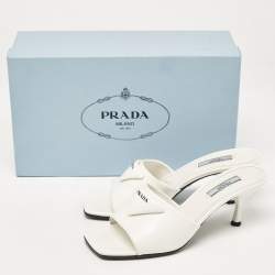 Prada White Leather Logo Slide Sandals Size 37.5