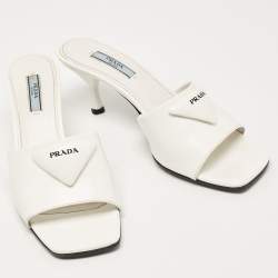 Prada White Leather Logo Slide Sandals Size 37.5