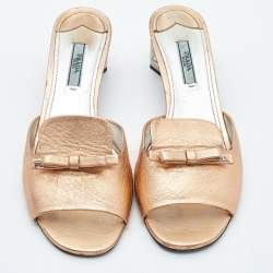 Prada Metallic Leather Block Heel Slides Size 39.5