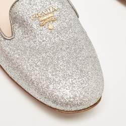 Pre Owned Prada Silver Glitter Smoking Slippers Size 36.5