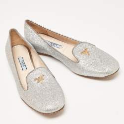 Pre Owned Prada Silver Glitter Smoking Slippers Size 36.5