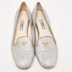 Pre Owned Prada Silver Glitter Smoking Slippers Size 36.5