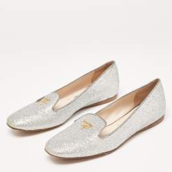 Pre Owned Prada Silver Glitter Smoking Slippers Size 36.5