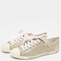 Pre Owned Prada Metallic Gold Glitter Stud Low Top Sneakers Size 40
