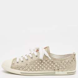 Pre Owned Prada Metallic Gold Glitter Stud Low Top Sneakers Size 40