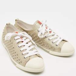 Pre Owned Prada Metallic Gold Glitter Stud Low Top Sneakers Size 40