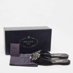 Prada Black Suede Crystal Embellished Flat Slides Size 37