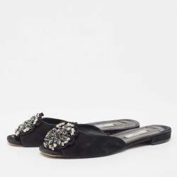 Prada Black Suede Crystal Embellished Flat Slides Size 37