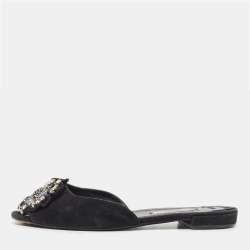 Prada Black Suede Crystal Embellished Flat Slides Size 37