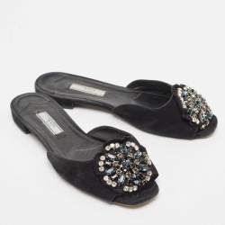 Prada Black Suede Crystal Embellished Flat Slides Size 37
