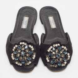 Prada Black Suede Crystal Embellished Flat Slides Size 37