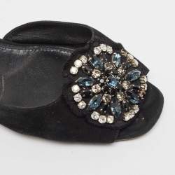 Prada Black Suede Crystal Embellished Flat Slides Size 37
