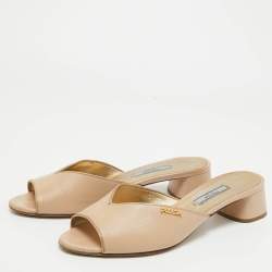 Prada Beige Patent Leather Open Toe Block Heel Slide Sandals Size 37