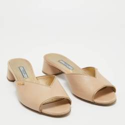 Prada Beige Patent Leather Open Toe Block Heel Slide Sandals Size 37