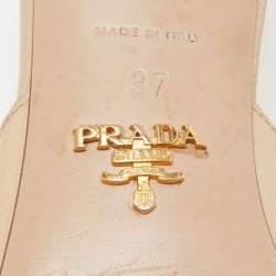 Prada Beige Patent Leather Open Toe Block Heel Slide Sandals Size 37