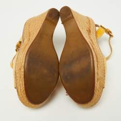 Pre Owned Prada Yellow Patent Leather Bow Espadrille Wedge Platform Ankle Strap Sandals Size 35.5