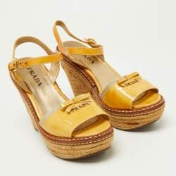 Pre Owned Prada Yellow Patent Leather Bow Espadrille Wedge Platform Ankle Strap Sandals Size 35.5