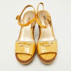 Pre Owned Prada Yellow Patent Leather Bow Espadrille Wedge Platform Ankle Strap Sandals Size 35.5