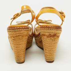 Pre Owned Prada Yellow Patent Leather Bow Espadrille Wedge Platform Ankle Strap Sandals Size 35.5
