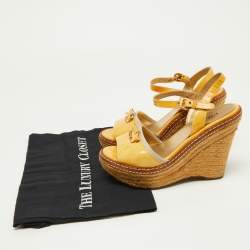 Pre Owned Prada Yellow Patent Leather Bow Espadrille Wedge Platform Ankle Strap Sandals Size 35.5