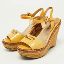 Pre Owned Prada Yellow Patent Leather Bow Espadrille Wedge Platform Ankle Strap Sandals Size 35.5