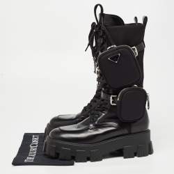 Prada Black Leather and Fabric Monolith Mid Calf Boots Size 40