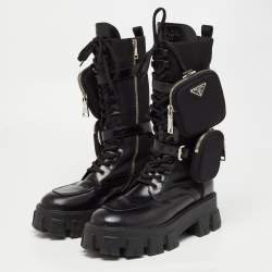 Prada Black Leather and Fabric Monolith Mid Calf Boots Size 40