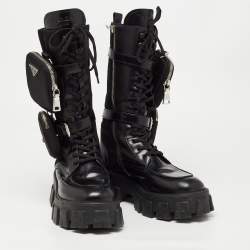 Prada Black Leather and Fabric Monolith Mid Calf Boots Size 40