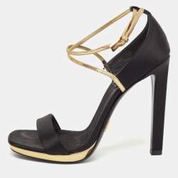 Pre Owned Prada Black/Gold Satin and Leather Criss Cross Ankle Strap Sandals Size 37