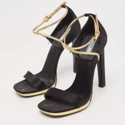 Prada Black/Gold Satin and Leather Criss Cross Ankle Strap Sandals Size 37