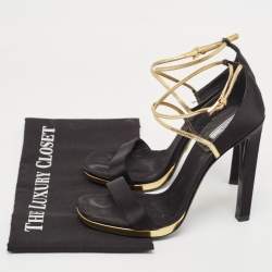 Pre Owned Prada Black/Gold Satin and Leather Criss Cross Ankle Strap Sandals Size 37