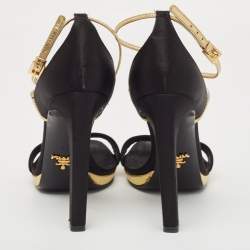 Pre Owned Prada Black/Gold Satin and Leather Criss Cross Ankle Strap Sandals Size 37