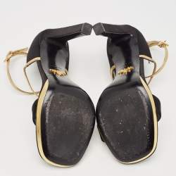 Pre Owned Prada Black/Gold Satin and Leather Criss Cross Ankle Strap Sandals Size 37