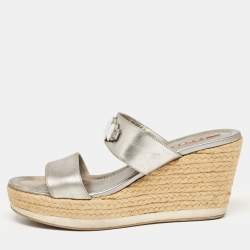 Prada Silver Leather Crystal Embellished Wedge Size 38.5